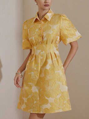 Yellow Elegant Women's Puff Sleeve Jacquard Cutout Waist Pleated Mini Dress